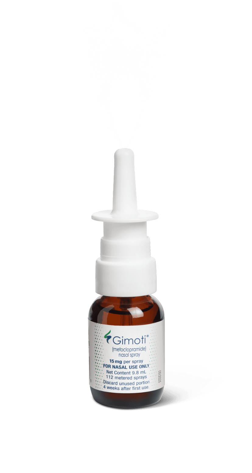 Image of woman thinking with pillbox and GIMOTI nasal spray