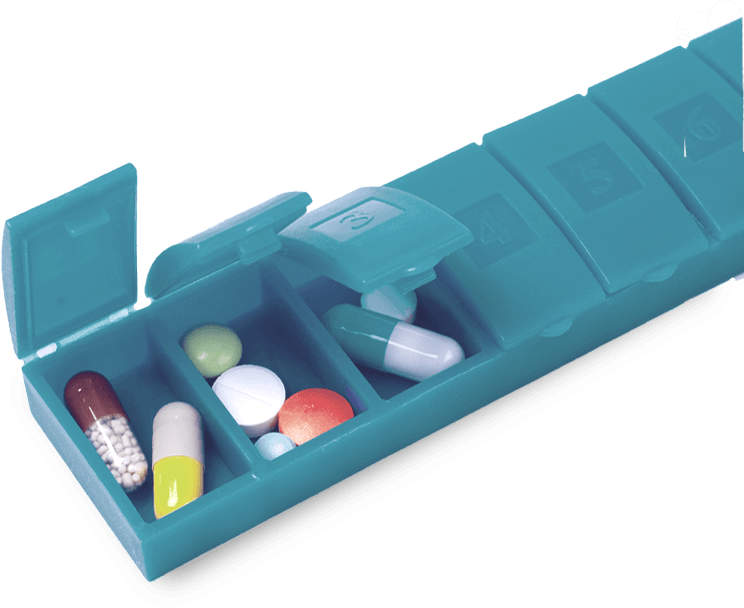 Image of woman thinking with pillbox and GIMOTI nasal spray